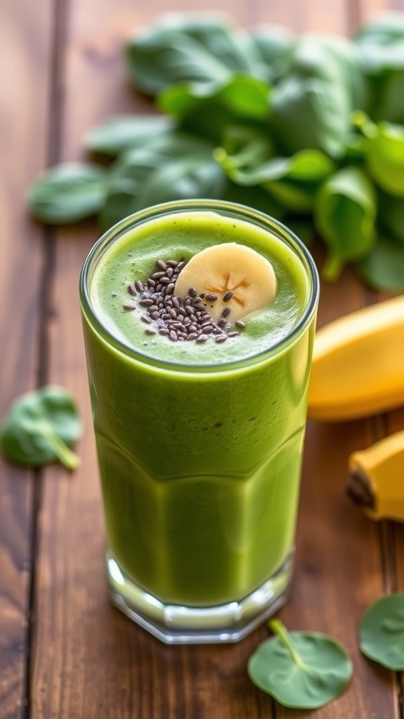 A refreshing green smoothie in a glass, garnished with banana and chia seeds, on a wooden table with spinach.
